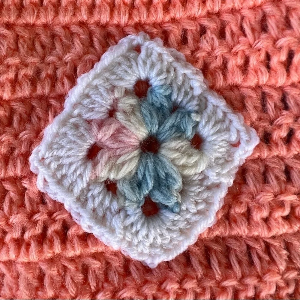 Hand Crocheted 3D Flower Baby Afghan Blanket Pastel Squares Scallop Edge 43x36
